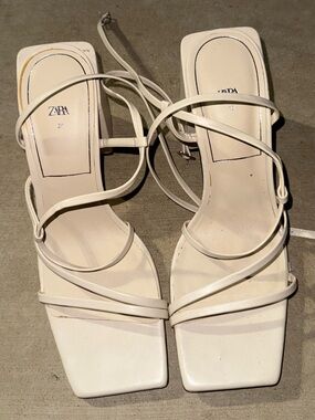 Zara Ivory Strappy Square-Toe Heeled Sandals
